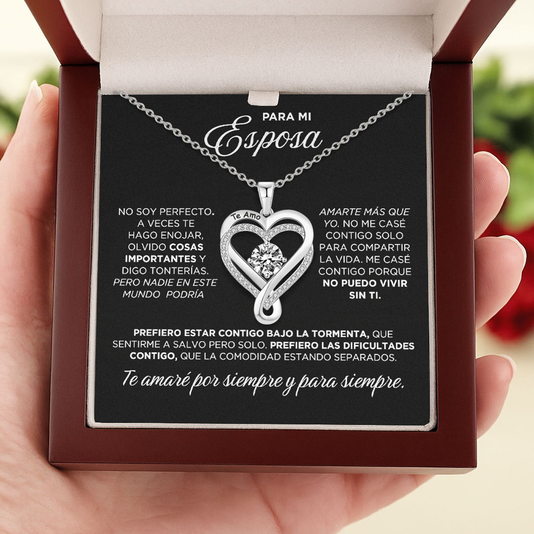 Collar de corazón grabado para esposa con caja LED